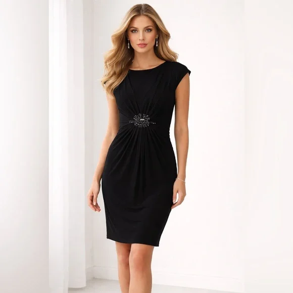 Nine & Co NWT Black Beaded Ruched Sheath Dress Size 12 Cap Sleeve - Picture 1 of 9